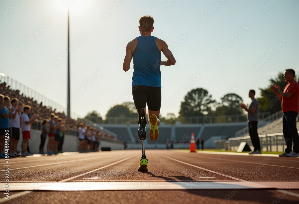 Fototapeta premium Running athlete with prosthetic leg crossing finish line at stadium track in sunlight, crowd applauding