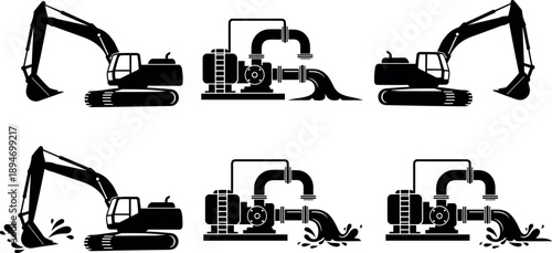 Industrial machinery silhouettes set with excavators and pumping equipment, construction engineering concept, black heavy equipment illustration isolated on white background