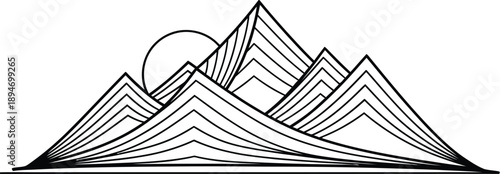 Simple line art illustration of majestic mountains at sunrise or sunset scene