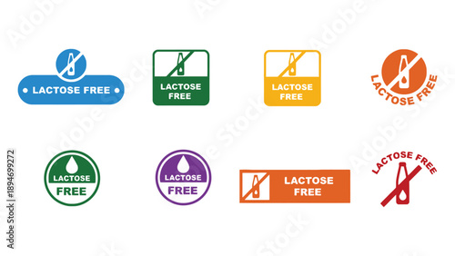 A collection of colorful lactose free food labels and icons