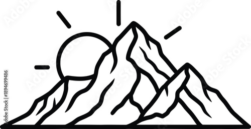 Simple black and white illustration of a mountain range with rising sun