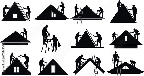 Roof construction and repair worker silhouettes set with ladders and tools, house building maintenance concept, black illustration isolated on white background