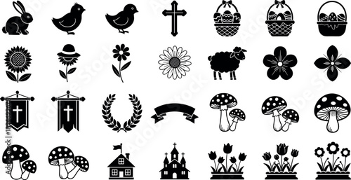 Spring and Easter silhouette icons collection featuring bunny chick flowers cross church mushrooms baskets for seasonal religious vector illustration