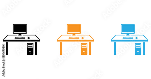 Three colored computer desks isolated on transparent background, Vector