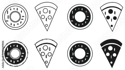 A set of black and white illustrations of various pizza slices and donuts