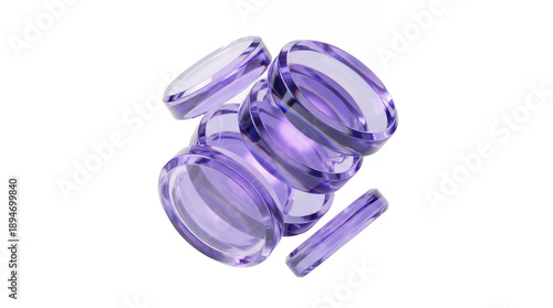 Abstract composition of floating glass rings in purple translucent style with realistic refraction.