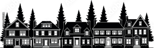 Suburban houses and trees silhouette panorama with residential homes row, neighborhood real estate architecture concept, black illustration isolated on white background