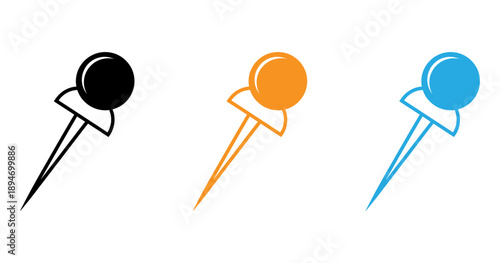 Three colorful push pins isolated on transparent background, Vector