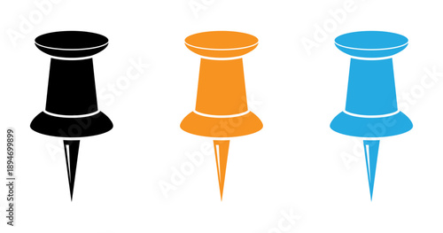 Three colorful push pins isolated on transparent background, Vector