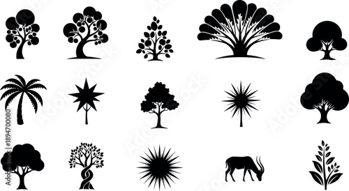 Tree and plant silhouettes collection featuring stylized forest trees palms bushes flowers and abstract botanical shapes isolated on white background for nature design projects
