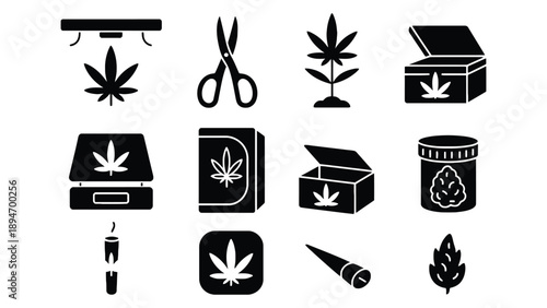 A collection of black and white icons representing cannabis and marijuana