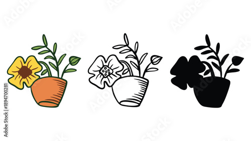 Three potted plants with flowers in different illustration styles