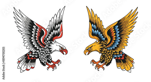 Two stylized eagles facing each other with wings spread in different color schemes