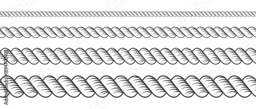 Rope brush pattern with nautical cord border and decorative knot. Seamless vector design featuring marine cable element, vintage sailor braid and elegant woven textures for frames.