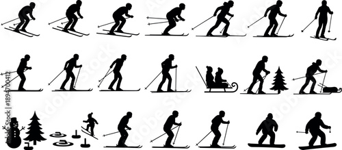 Winter sports silhouette set featuring skiing and snowboarding activities, human figures in motion, isolated black shapes for outdoor adventure and seasonal design projects