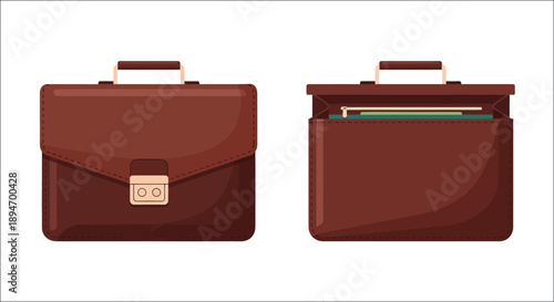 A brown leather briefcase displayed in closed and open views