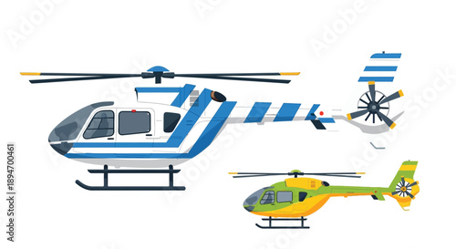 Illustration of multiple helicopters in a flat cartoon style