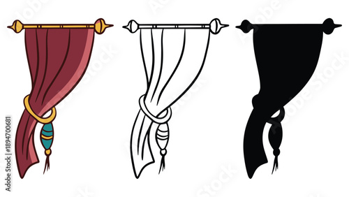 An illustration of three different colored curtains with unique designs