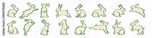 Easter doodle vector set with cute rabbits and trendy decorative elements. Large festive collection perfect for event decorations, greeting cards, posters and seasonal holiday designs.