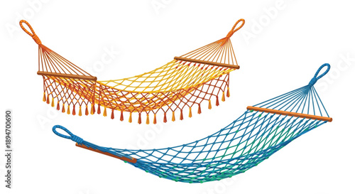 Colorful woven hammocks isolated on a white background offering relaxation