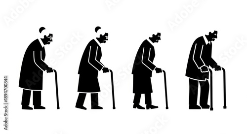Four elderly men walking with canes showing progression of age.