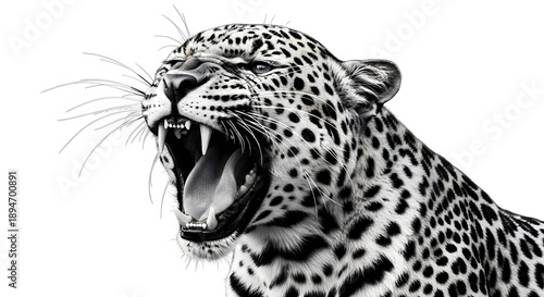 
Black and white side profile photo of leopard on white background, powerful spotted wild cat standing portrait, African big cat predator wildlife animal nature photography isolated elegant feline