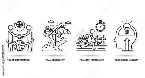 Four business concepts illustrated with simple line drawings.