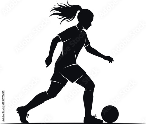 Silhouette of a female soccer player kicking a ball in motion