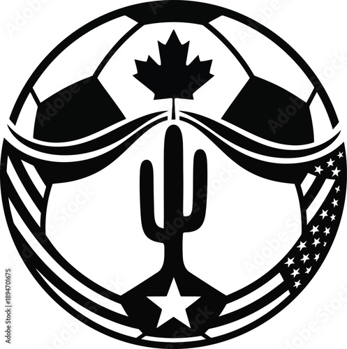 Black and white illustration of a soccer ball with a canadian maple leaf, cactus, and american flag elements combined in a unique design