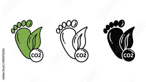 Three eco-friendly carbon footprint icons with green and black leaf designs