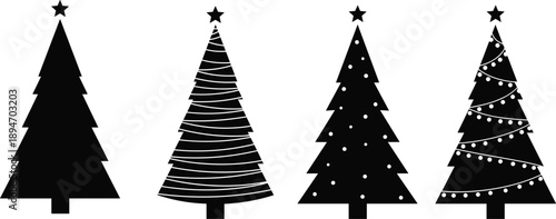 Set Of Four Black Christmas Tree Silhouettes Featuring Various Modern Festive Designs With Stars Decorative Lights And Minimalist Ornaments For Winter Holiday Season Celebration Graphics