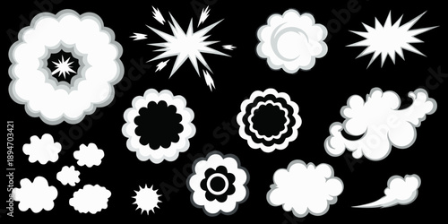 Collection of stylized white explosion and smoke cloud effects on black