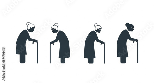 Four elderly women silhouettes with canes showing aging process.