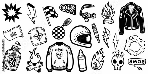 Collection of black and white tattoo style flash illustrations on a white background