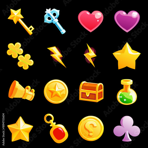 Colorful cartoon icons depicting various game elements on a black background