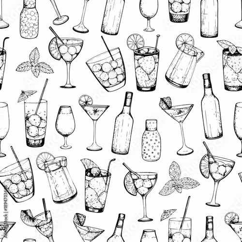 A seamless pattern of various cocktail glasses bottles and fruit slices