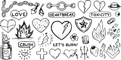 Dark sketchy illustration featuring hearts plants bottles and other symbolic objects