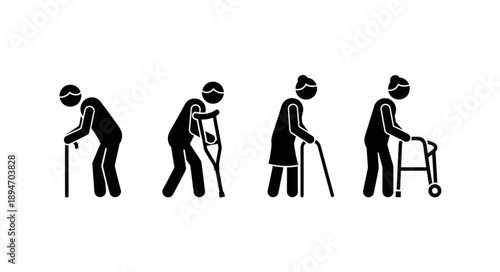 Four elderly people using walking aids in silhouette.