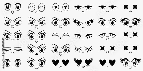 Collection of diverse cartoon eye and mouth expressions in black and white