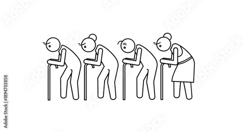 Four elderly people walking with canes depicted in a simple line drawing style.