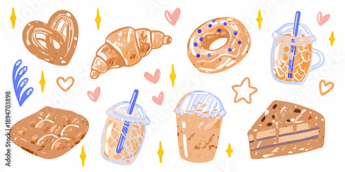 A colorful illustration featuring various pastries donuts and iced drinks