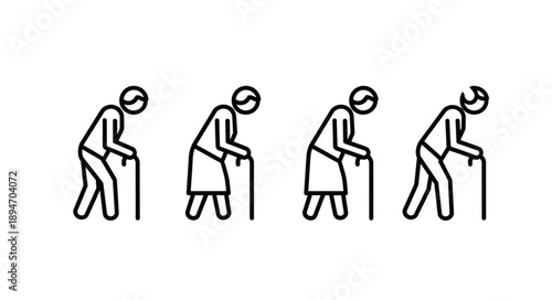 Four elderly people walking with canes in a line.