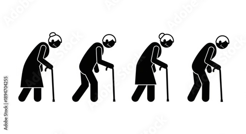 Four elderly people walking with canes representing aging process.