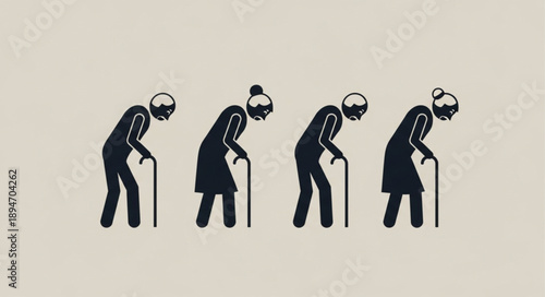 Four elderly people walking with canes representing aging process.