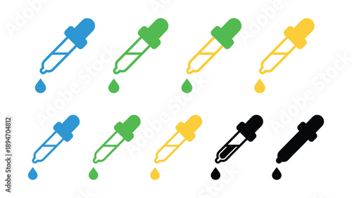 A colorful illustration of pipettes with droplets on a white background