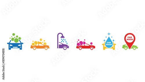 A colorful illustration of various car wash icons on a white background