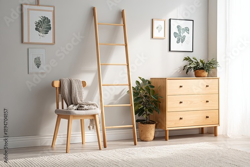Cozy interior with wooden ladder, chair, dresser, plants, and framed art