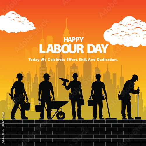 Happy Labour Day illustration with silhouetted construction workers and city skyline celebrating effort and dedication on a vibrant orange background isolated on white background