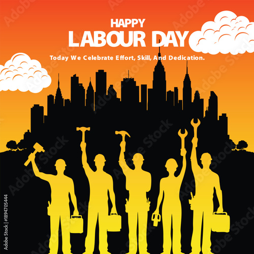 Happy Labour Day illustration with silhouetted workers holding tools against a city skyline celebrating effort and dedication isolated on white background