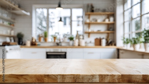 Cozy kitchen with wooden counter and blurred background
